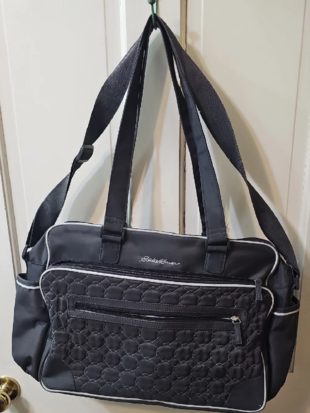Eddie Bauer Black Quilted Baby Bag with White Piping